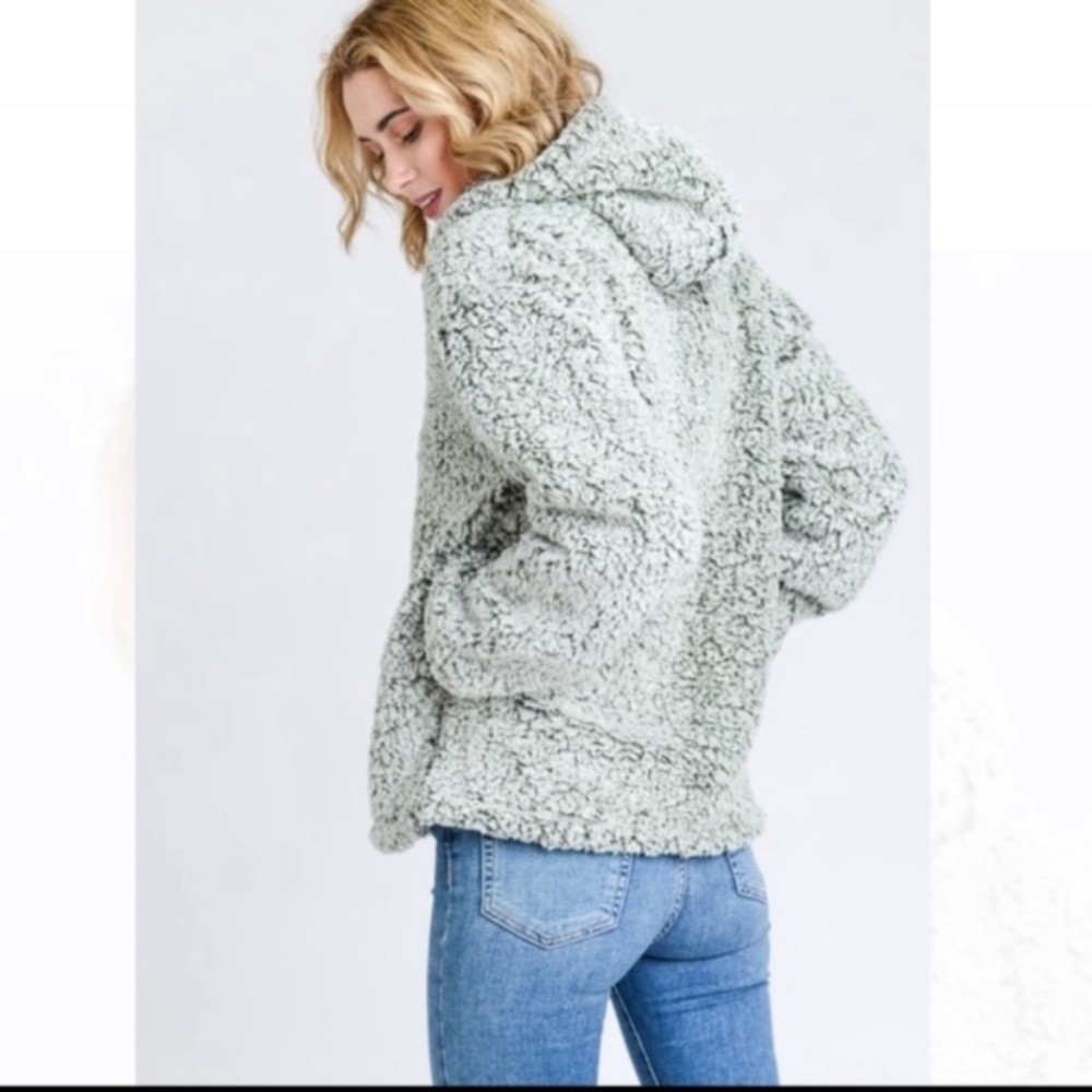 Olive green and white Sherpa hooded zip up jacket Small S Medium M - Picture 3 of 8